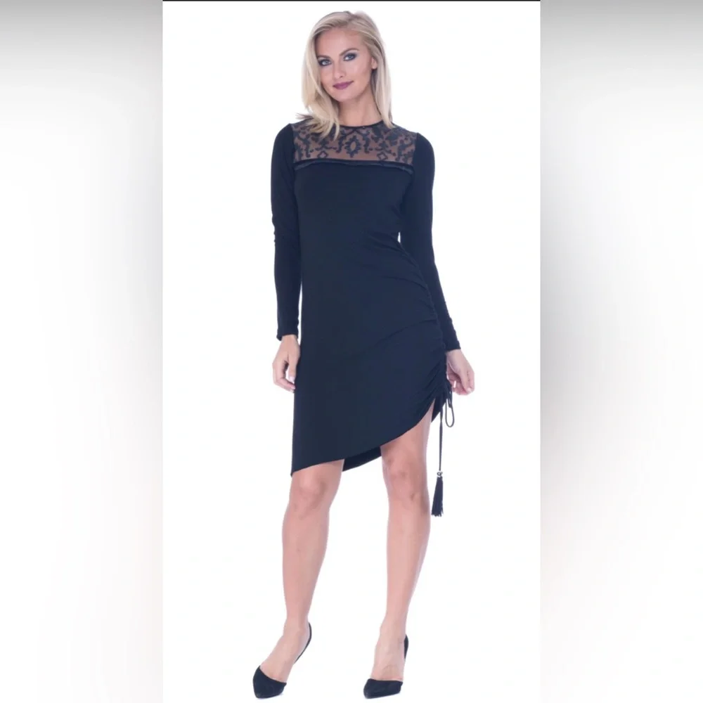 🤩 NEW ITEM! Analili Irma Ruched Tunic Dress Black Asymmetrical Midi Knee Length - Picture 1 of 13